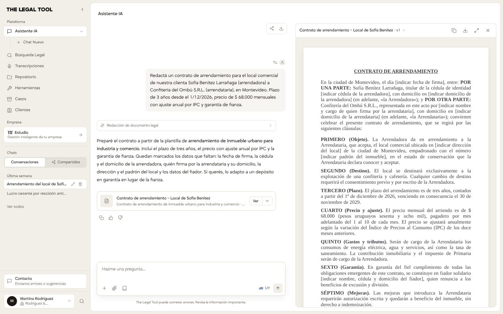 Redacción en el chat: a la izquierda, el pedido de un contrato de arrendamiento para un local comercial y la respuesta; a la derecha, el borrador con sus cláusulas de objeto, destino, plazo, precio con ajuste por IPC y garantía, y los datos que faltan marcados entre corchetes
