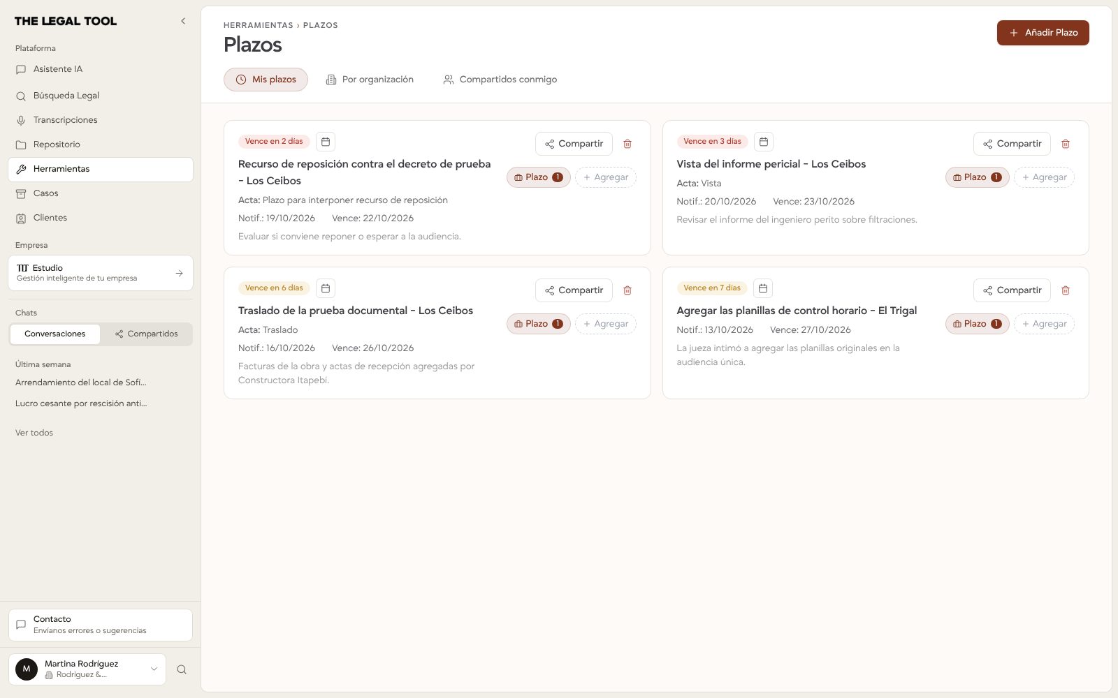 Plazos con cuatro vencimientos procesales en tarjetas: cada una dice cuántos días faltan, el acta del CGP (salvo en el plazo personalizado), la fecha de notificación, la de vencimiento y una nota; los que vencen en dos o tres días van en rojo, y cada plazo se puede compartir o asociar a un caso