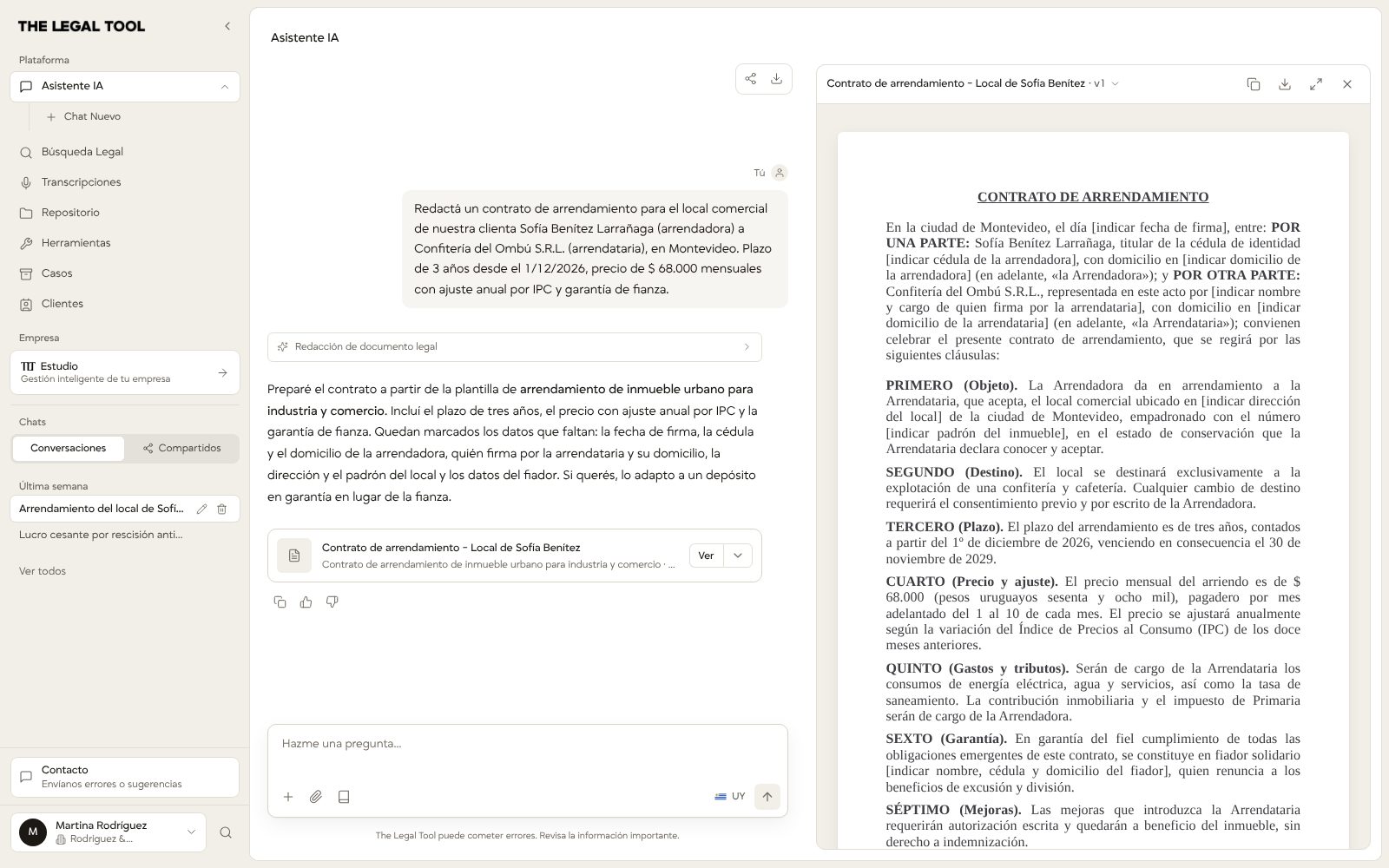Redacción en el chat: a la izquierda, el pedido de un contrato de arrendamiento para un local comercial y la respuesta; a la derecha, el borrador con sus cláusulas de objeto, destino, plazo, precio con ajuste por IPC y garantía, y los datos que faltan marcados entre corchetes